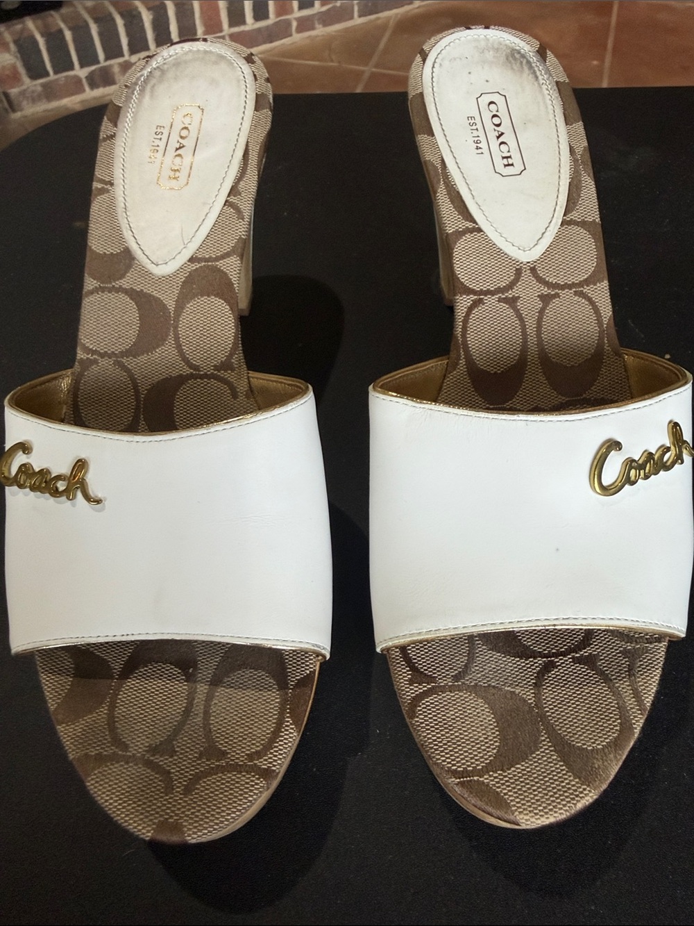 Coach White Leather Slide Sandals with Signature Brown Canvas
